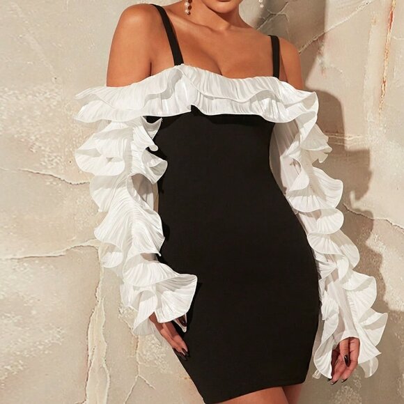 Black Preppy Ladies' Off-Shoulder Color Block Dress With Ruffle Hemline - Picture 1 of 5